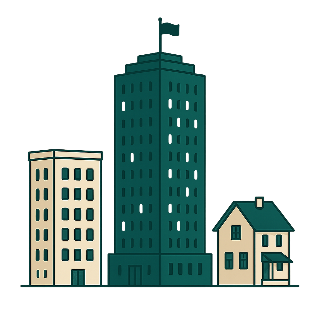 Hochhaus, Mehrfamilienhaus und Einfamilienhaus