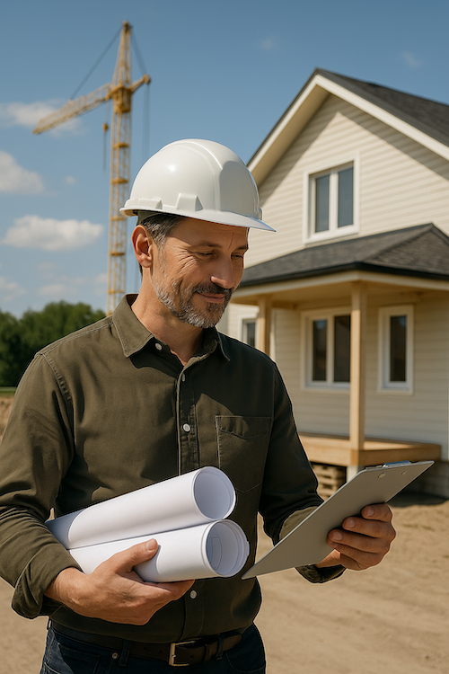 Projektsteuerer mit Helm auf Baustelle