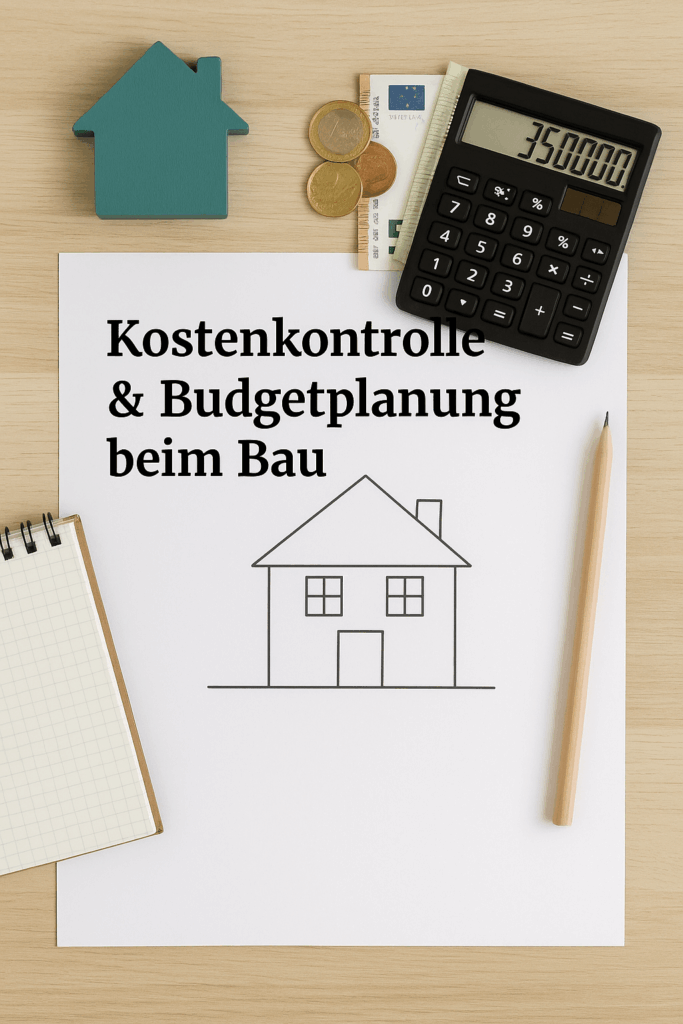 Blatt Papier mit gezeichnetem Haus und Titel Kostenkontrolle & Budgetplanung beim Bau und Taschenrechner, Geld und kleiner Block