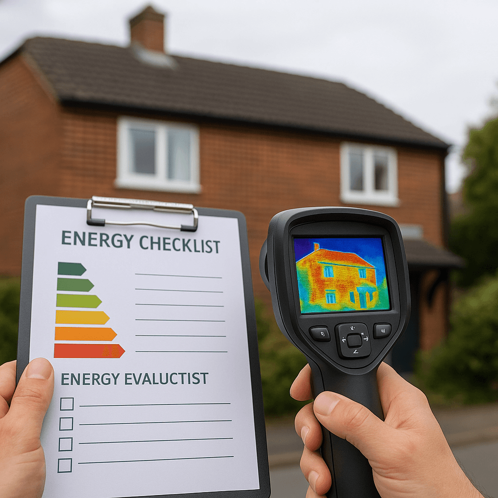 Energie Checkliste mit Gerät und Haus im Hintergrund