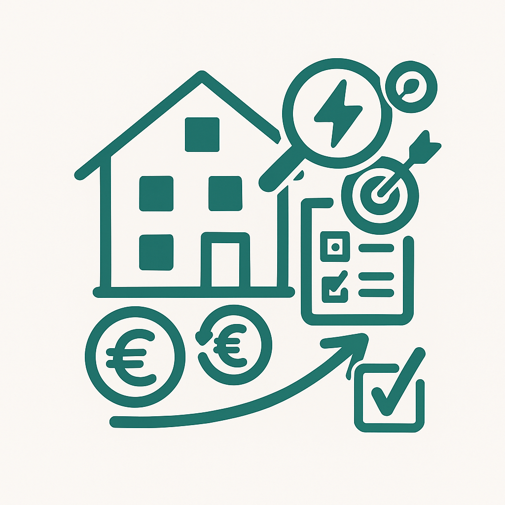 Ansammlung von icons: Haus, Lupe, Checkliste, Ziel, Euro, Checkbox